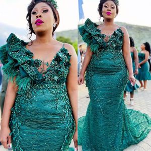 2022 Plus Size Árabe Aso Ebi Hunter Verde Sereia Vestidos de Baile Renda Frisado Noite Festa Formal Segunda Recepção Aniversário Noivado Vestido ZJ335