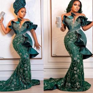 2022 Plus size Arabische Aso Ebi Hunter Green Mermaid Prom jurken Garned Lace Evening Formeel feest tweede receptie verjaardag verlovingsjurken jurk z205
