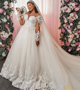 2022 Plus Size Arabisch ASO EBI Kant Kralen Luxe Trouwjurk Sheer Neck Lange Mouwen Bruidsjurken Jurken ZJ222