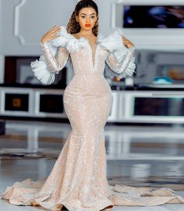 2022 Plus Size Arabisch ASO EBI Lace Mermaid Sexy Trouwjurk Lange Mouwen Vintage Stijlvolle Bruidsjurken Jurken ZJ220