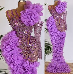 2022 Plus size Arabische Aso ebi lilac luxueuze zeemeermin prom jurken kristallen kristallen avond formeel feest tweede receptie verjaardag verlovingsjurken jurk zj303