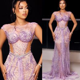 2022 Plus Taille Arabe Aso Ebi Lilas Sirène Sparkly Robes De Bal Sheer Cou Soirée Formelle Deuxième Réception Anniversaire Robes De Fiançailles Robe ZJ111