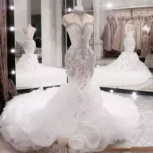 2022 Plus Size Arabic Aso Ebi Luxurious Beaded Crystals Wedding Dresses High Neck Mermaid Bridal Dresses Sheer Neck Wedding Gowns asdf