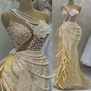 2023 Arabe Aso Ebi Champagne Sirène Robe De Bal Plume Perles Soirée Formelle Deuxième Réception Anniversaire Robes De Fiançailles Robe ZJ434