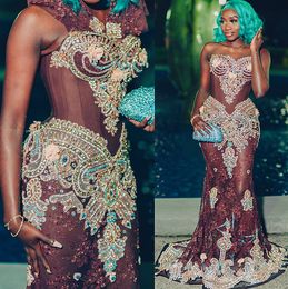 2022 Plus size Arabisch Aso Ebi Luxe Lace Mermaid Prom Dresses kristallen Kristallen Evening Formele feest tweede receptie Verjaardag verlovingsjurken Jurk ZJ673