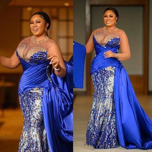 2022 Plus Size Arabisch ASO EBI Luxueuze Kant Mermaid Prom Jurken Sheer Neck Beaded Avond Formele Partij Tweede Receptie Growns Jurk ZJ055