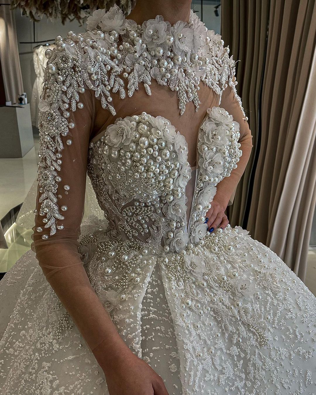 2022 Plus -storlek arabisk aso ebi lyxig spets pärlstav bröllopsklänning ren nackboll klänning brudklänningar klänningar zj202