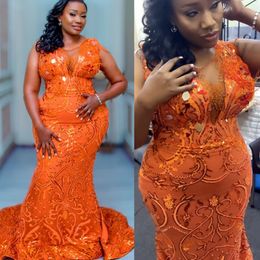 2022 Plus size Arabisch Aso Ebi Luxe Mermaid Orange Prom Jurken kristallen kristallen avond formeel feest tweede receptie verjaardag verlovingsjurken jurk zj250