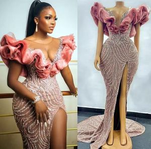 2022 Plus Size Arabische ASO EBI Luxe Mermaid Lovertjes Prom Jurken Beaded Crystals Sheer Neck Avond Formal Party Second Reception Jurken Vestidos de Novia CG001