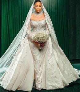 Robe de mariée sirène luxueuse, grande taille, arabe Aso Ebi, paillettes perlées, manches longues, robes de mariée, ZJ227, 2022