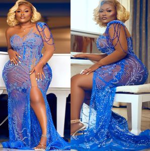 2022 Plus size Arabisch aso ebi luxueuze zeemeermin blauw prom jurken kralen sexy avond formeel feest tweede receptie verjaardag verlovingsjurken jurk zj577