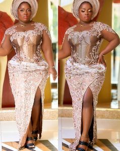 2022 Plus Size Arabisch ASO EBI Luxe Schede Kant Prom Jurken Beaded Crystals Avond Formele Partij Tweede Ontvangst Verjaardag Engagement Gowns Jurk ZJ407