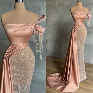 2022 Plus La Taille Arabe Aso Ebi Luxueux Sparkly Sirène Robes De Bal Perles Cristaux Soirée Formelle Partie Deuxième Réception Anniversaire Robes De Fiançailles Robe ZJ528