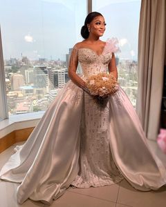 2022 grande taille arabe Aso Ebi luxueux robe de mariée sirène scintillante cristaux perlés robes de mariée robes ZJ440