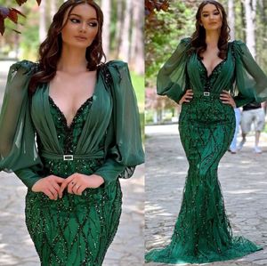 2022 Plus taille arabe aso ebi sirène robes de bal vert foncé de la soirée dentelle à paillettes de la soirée deuxième réception anniversaire fiançailles robes de demoiselle d'honneur robe zj66