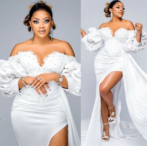 2022 grande taille arabe Aso Ebi sirène dentelle perlée robe de mariée manches longues Satin Vintage robes de mariée robes ZJ330