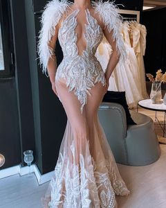 2022 Plus Size Arabisch ASO EBI Mermaid Luxurious Sexy Prom Dresses Kant Kralen Feather Avond Formele Partij Tweede Receptie Jurken Jurk ZJ231