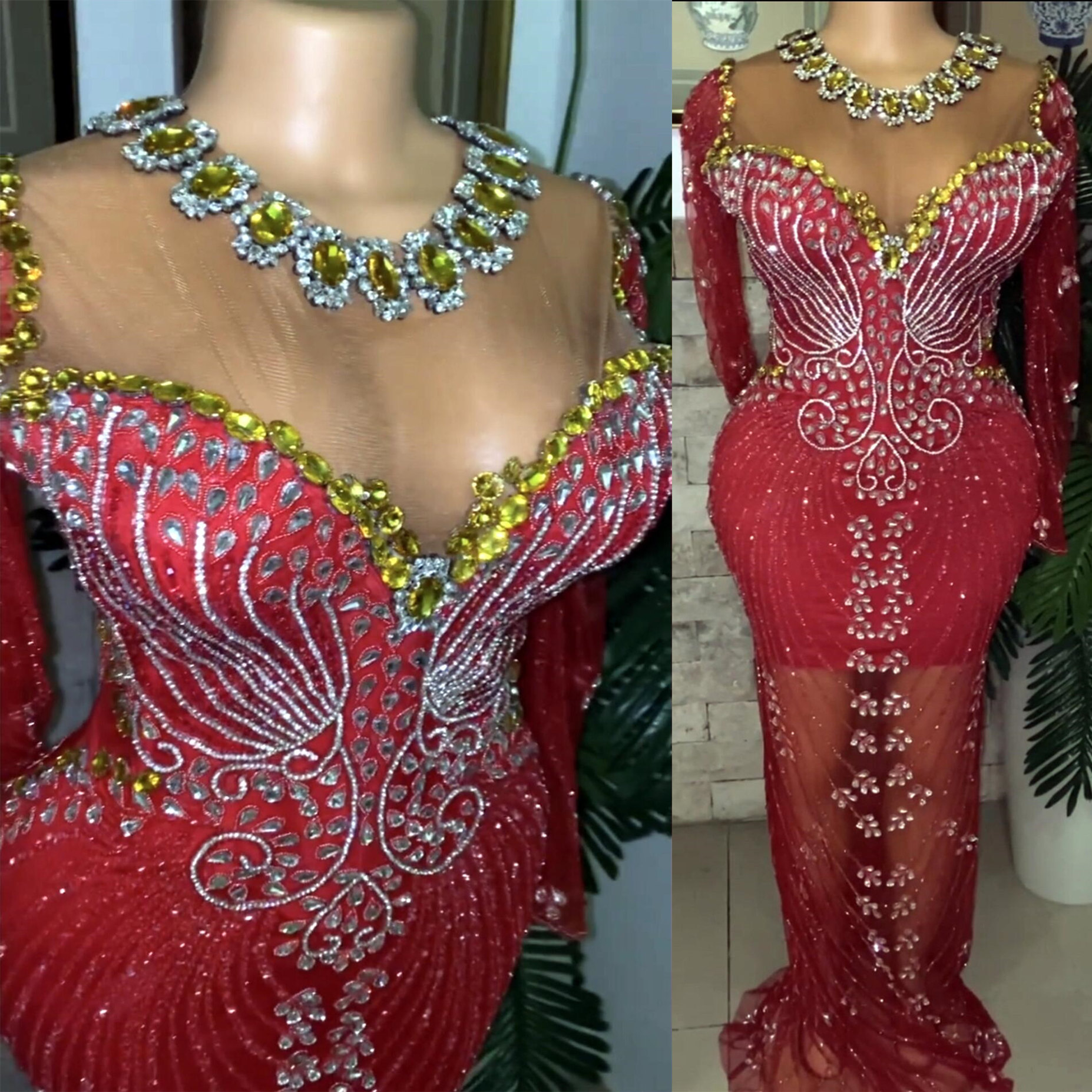 2022 Plus Size Arabo Aso Ebi Mermaid Lussuoso Abiti da ballo rossi Cristalli di perline Sera Festa formale Secondo ricevimento Compleanno Abiti di fidanzamento Abito ZJ366