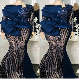 2022 Tamaño grande Árabe ASO EBI Mermaid Navy Blue Prom Vestidos encaje SEXY Noche Forma Formal Recepción Compromiso de cumpleaños vestidos de dama de dama de dama