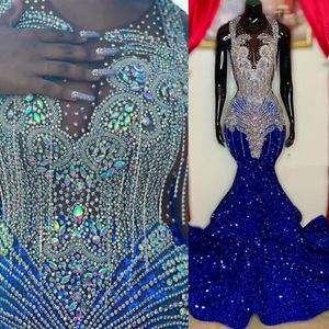 2022 Plus size Arabische Aso Ebi Mermaid Royal Blue Prom Dresses kristallen avond formeel feest tweede receptie verjaardag verlovingsjurken jurk zj777