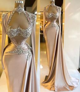 2022 Plus Size Arabisch ASO EBI Mermaid Sexy Sparkly Prom Dresses Beaded Pailletten Hoge Neck Avond Formele Party Second Reception Jurken Jurk ZJ32