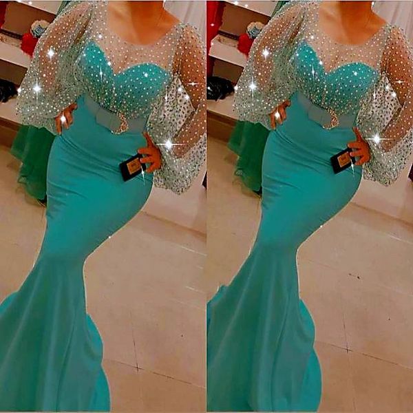 2022 Tallas grandes Árabe Aso Ebi Sirena Vestidos de fiesta brillantes y sexy Mangas largas Cuello transparente Noche Fiesta formal Segunda recepción Vestidos de dama de honor