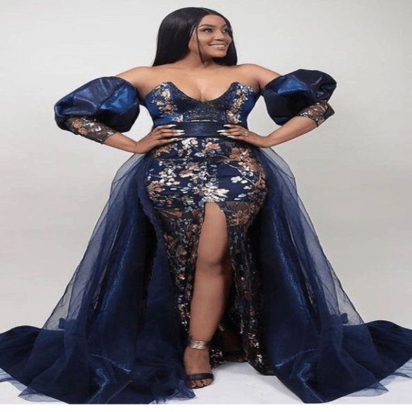 2022 Plus Taille Arabe Aso Ebi Bleu Marine Sirène Robes De Bal Paillettes Dentelle Soirée Formelle Deuxième Réception Anniversaire Robes De Fiançailles Robe ZJ516