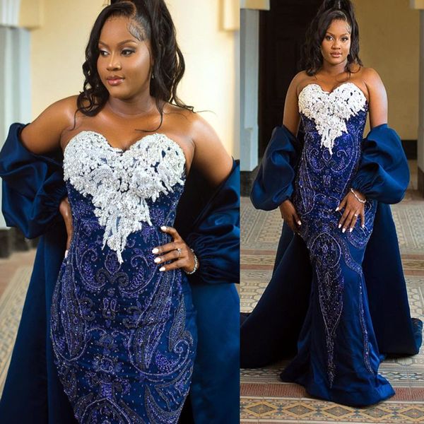 2022 Plus La Taille Arabe Aso Ebi Bleu Marine Sirène Robes De Bal Paillettes Dentelle Soirée Formelle Deuxième Réception Anniversaire Robes De Fiançailles Robe ZJ922