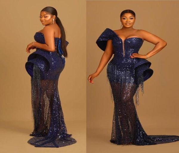 2022 Grande taille arabe Aso Ebi bleu marine sirène robes de bal élégant paillettes dentelle soirée formelle fête deuxième réception anniversaire 9745018