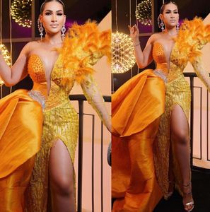 2022 Plus Size Arabisch ASO EBI Oranje Luxe Schede Prom Jurken Sheer Neck Avond Formele Partij Tweede Receptioion Verjaardag Engagement Glozen Jurk ZJ220