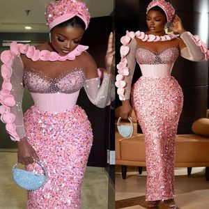 2022 Plus Taille Arabe Aso Ebi Rose Luxueux Gaine Robes De Bal Perles Cristaux Soirée Formelle Deuxième Réception Anniversaire Robes De Fiançailles Robe ZJ566