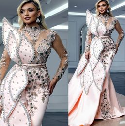 2022 Tallas grandes Árabe Aso Ebi Sirena rosa Vestidos de baile de lujo Cristales de cuentas de encaje Fiesta formal de noche Segunda recepción Vestidos de compromiso de cumpleaños Vestido ZJ211