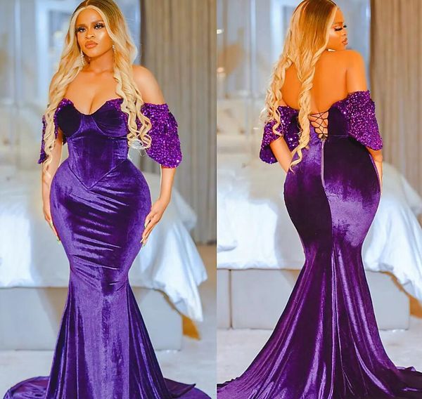 2022 Plus Taille Arabe Aso Ebi Violet Sirène Robes De Bal Élégantes Chérie Velours Soirée Formelle Deuxième Réception Anniversaire Robes De Fiançailles Robe BES121