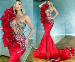 2022 Plus Size Arabische ASO EBI Rood Luxe Mermaid Prom Jurken Beaded Crystals Stijlvolle Avond Formele Partij Tweede Receptie Jurken Jurk CG001