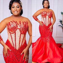 2022 Plus size Arabisch Aso Ebi Red Luxe Mermaid Prom Dresses kralen pailletten avond formeel feest tweede receptie verjaardag verlovingsjurken jurk zj186