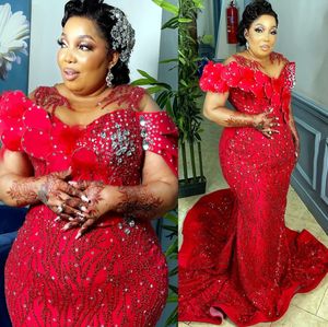 2022 Plus size Arabische Aso Ebi Red Luxe Mermaid Prom Dresses kristallen Kristallen Evening Formele feest tweede receptie Verjaardagsbetrokkenheid Jurken Jurken Zj056