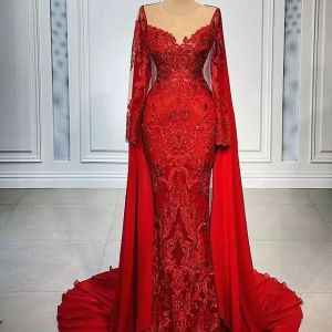 2022 Plus La Taille Arabe Aso Ebi Rouge Luxueux Sirène Robes De Bal Sheer Cou Dentelle Perlée Soirée Formelle Partie Deuxième Réception Robes Robe