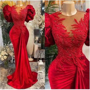 2022 Tallas grandes Árabe Aso Ebi Sirena roja Vestidos de baile de encaje Con cuentas Cuello transparente Terciopelo Noche Fiesta formal Segunda recepción Vestidos Vestido B0601W7