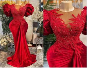2022 Plus size Arabische Aso Ebi Red Mermaid Lace Prom Jurken Gereed Sheer Neck Velvet Evening Formeel feest tweede receptie jurken D7789483