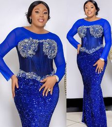 Plus size Arabische Aso Ebi Royal Blue Mermaid Prom Dresses kristallen avond formeel feest tweede receptie verjaardag bruidsmeisje verlovingsjurken jurk zj54