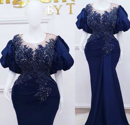 2023 Plus Taille Arabe Aso Ebi Bleu Royal Sirène Robes De Bal Dentelle Perles Cristaux Soirée Formelle Deuxième Réception Anniversaire Robes De Fiançailles Robe ZJ444