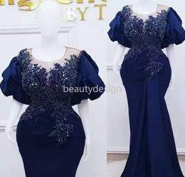 2022 Plus Size Arabic Aso Ebi Royal Blue Mermaid Prom Dresses Lace Beaded Crystals Evening Formal Party Second Reception Birthday Engagement Gowns Dress DD