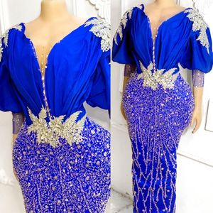 2022 Plus size Arabisch Aso Ebi Royal Blue Luxe prom jurken Lace kralen avond formeel feest tweede receptie verjaardag verloving jurken jurk zj677