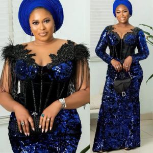 2022 Plus La Taille Arabe Aso Ebi Bleu Royal Robes De Bal Scintillantes Dentelle Perlée Col Transparent Paillettes Soirée Formelle Deuxième Réception Robes Robe