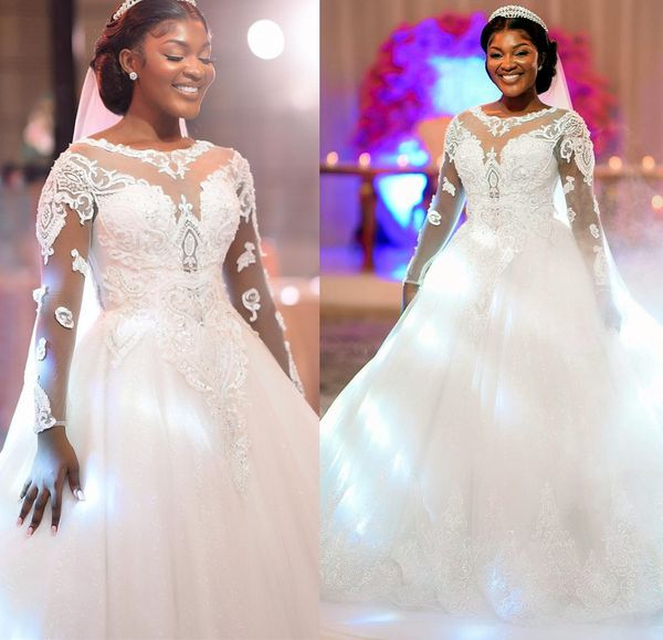 Robe de mariée arabe Aso Ebi, grande taille, col transparent, dentelle, cristaux perlés, manches longues, robes de mariée, ZJ257, 2022