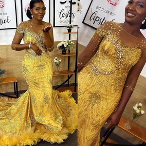 2022 Plus size Arabische Aso Ebi Sparkly Mermaid Yellow Prom Dresses kristallen Luxe avond formeel feest tweede receptie verjaardag verlovingsjurken jurken