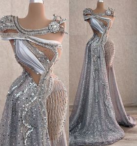 2022 Plus Size Arabisch Aso Ebi Sparkly Silver Luxe Galajurken Kralen Kristallen Avond Formeel Feest Tweede Receptie Verjaardag Verlovingsjurken Jurk ZJ223