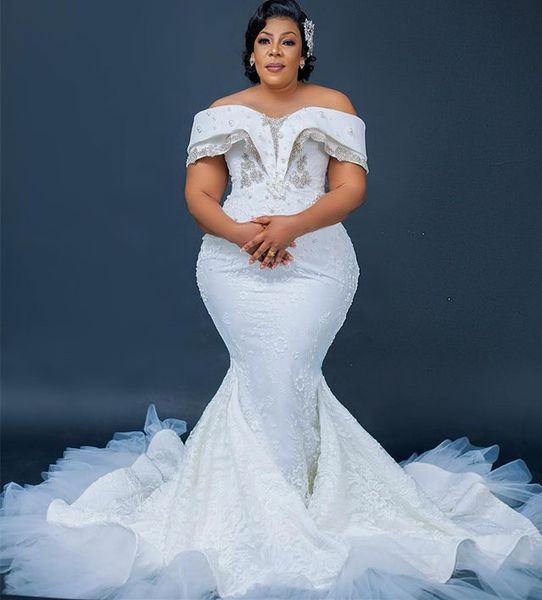 2022 de talla grande árabe Aso Ebi elegante lujoso sirena vestido de novia con cuentas cristales perlas vestidos de novia vestido ZJ460
