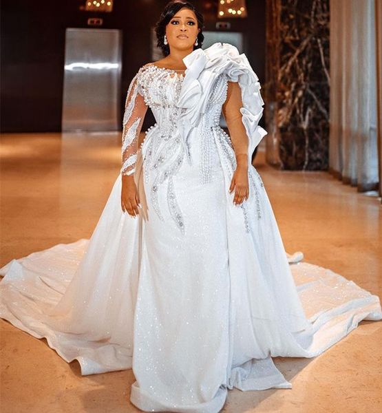 2022 de talla grande árabe Aso Ebi elegante y lujoso vestido de novia con perlas cristales vestidos de novia con cuentas ZJ633