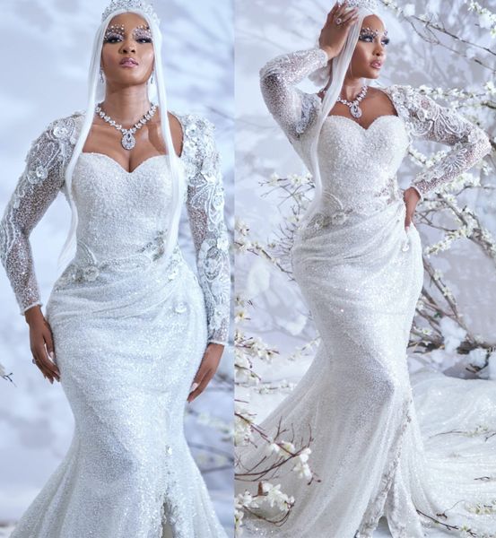 2022 Tallas grandes Árabe Aso Ebi Blanco Brillante Sirena Vestido de novia Encaje Con cuentas Vestidos de novia lujosos Vestidos ZJ666